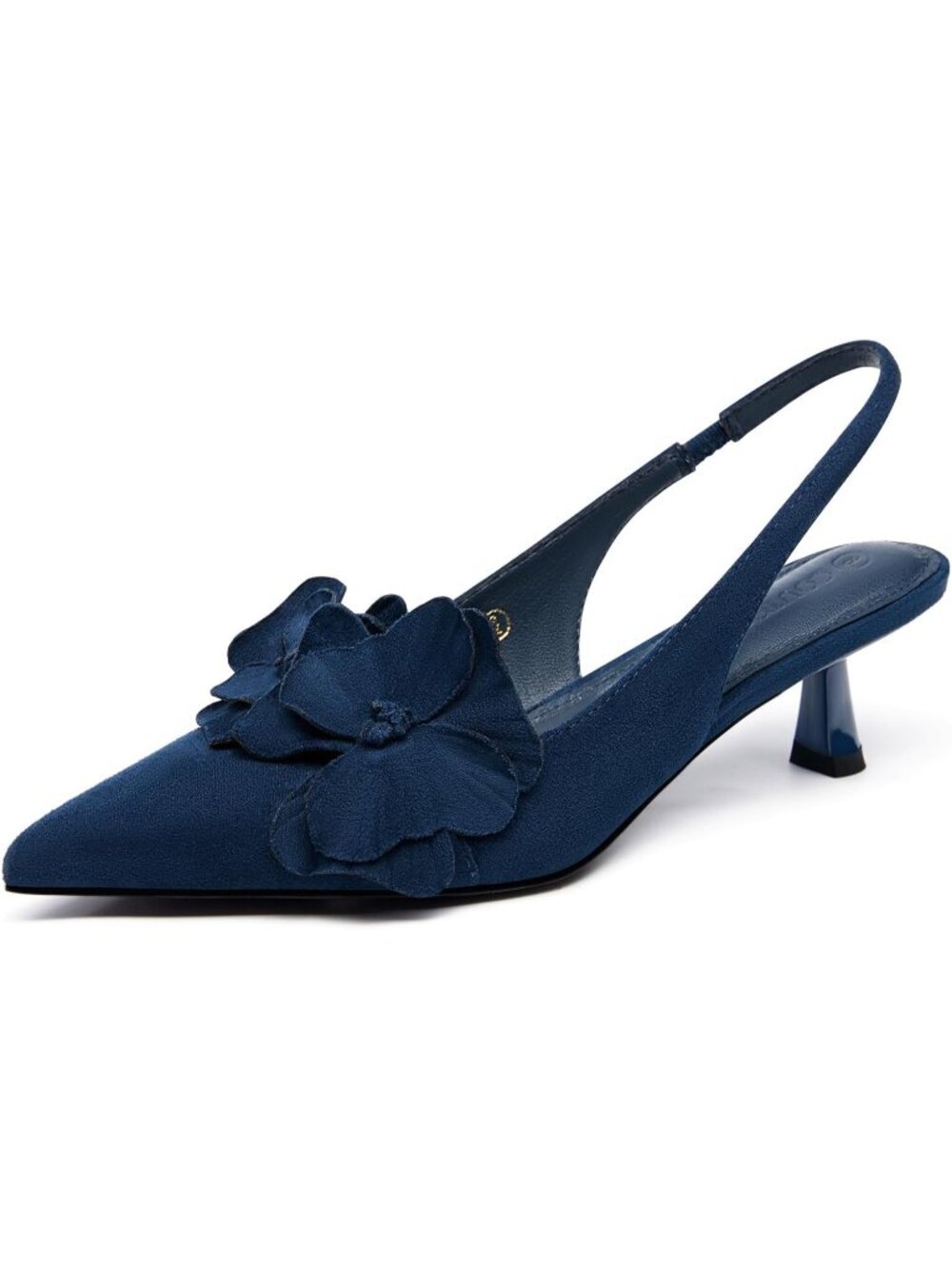 Womens Blue Flower Closed Pointed Toe Slingback Kitten Heel Wedding Pumps Shoes